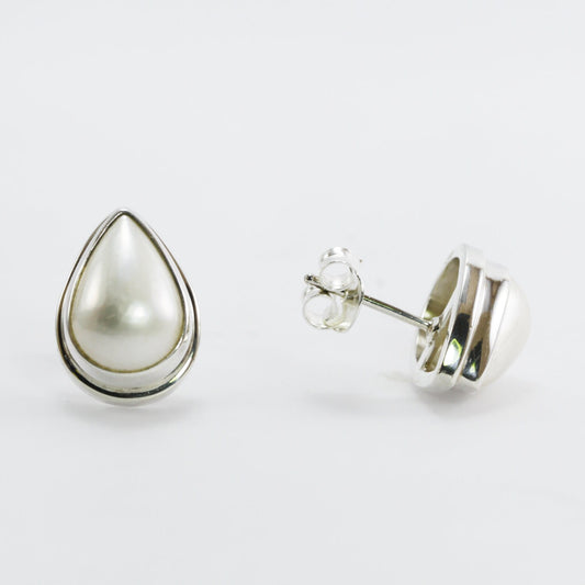 Tear drop Shape white mabe south sea pearl stud earrings, Bali handmade 925 sterling silver ear studs with enchanting 10*14 mm white mabe,