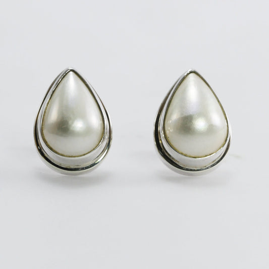 Tear drop Shape white mabe south sea pearl stud earrings, Bali handmade 925 sterling silver ear studs with enchanting 10*14 mm white mabe,