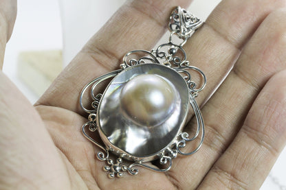 blister pearl pendant necklace 925 sterling silver 29 mm , large pearl pendant