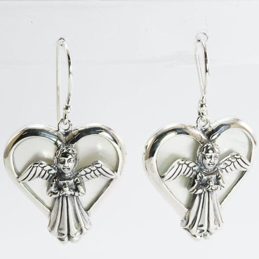 silver angel earrings with natural white shell set in 925 sterling silver