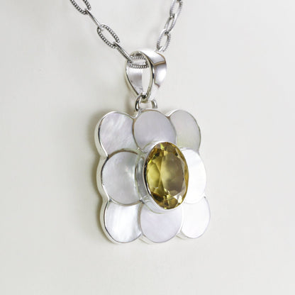 yellow citrine and natural white mother of pearl pendant 925 sterling silver
