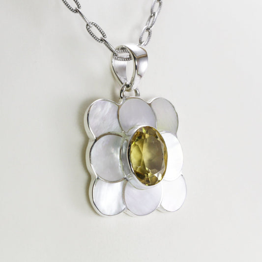 yellow citrine and natural white mother of pearl pendant 925 sterling silver