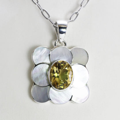 yellow citrine and natural white mother of pearl pendant 925 sterling silver