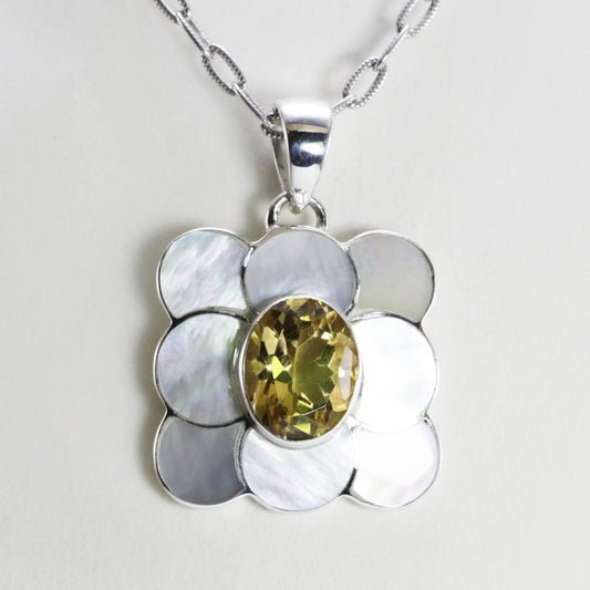 yellow citrine and natural white mother of pearl pendant 925 sterling silver