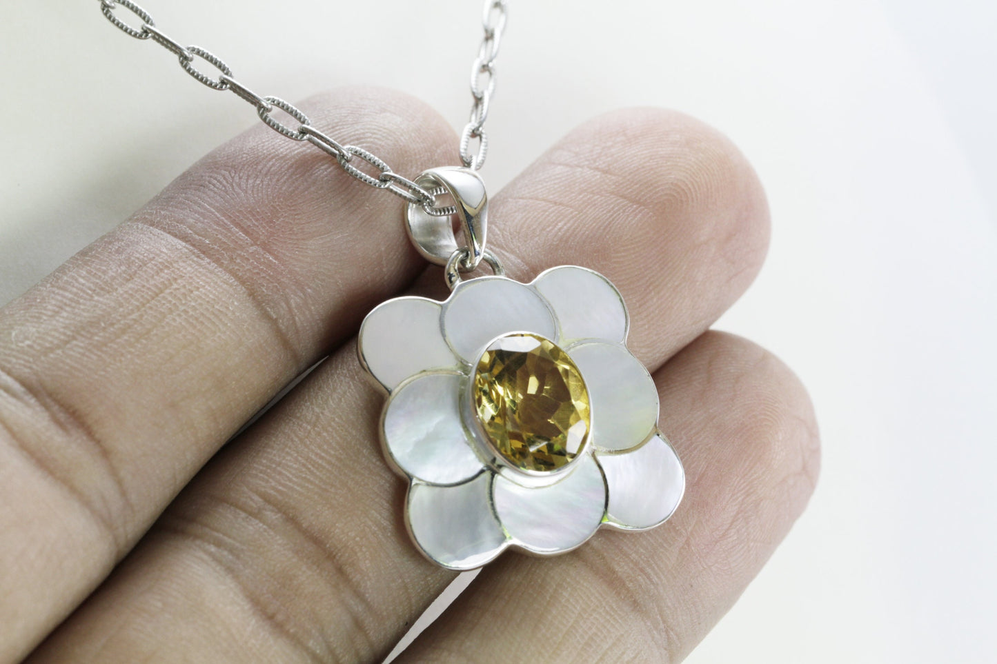 yellow citrine and natural white mother of pearl pendant 925 sterling silver