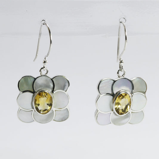 beautiful dangle drop earrings with natural yellow citrine and genuine white mother of pearl, 35 mm drop length