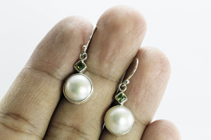 beautiful 10 mm Round white mabe pearl dangle drop earrings set in Bali handmade 925 sterling silver and natural square peridot