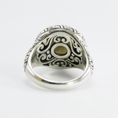 Genuine round mabe pearl ring set in 925 sterling silver decorated with dragon skin carving, 12 mm round white mabe pearl ring