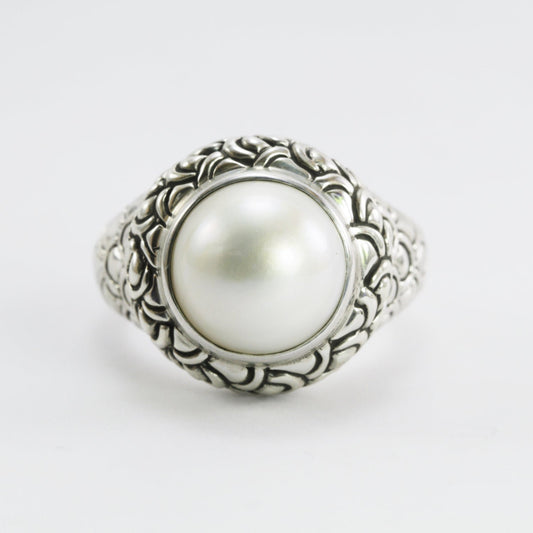 Genuine round mabe pearl ring set in 925 sterling silver decorated with dragon skin carving, 12 mm round white mabe pearl ring
