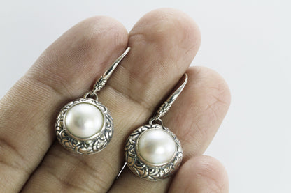 Beautiful white mabe pearl dangle drop earrings set in handmade 925 Sterling silver decorated with Dragon skin carving