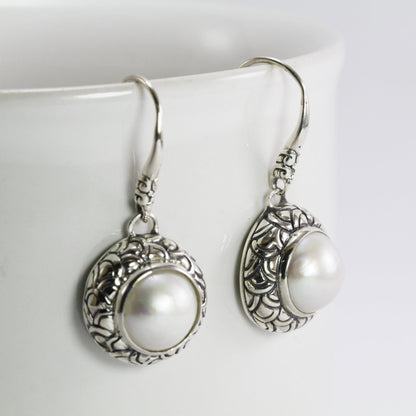 Beautiful white mabe pearl dangle drop earrings set in handmade 925 Sterling silver decorated with Dragon skin carving