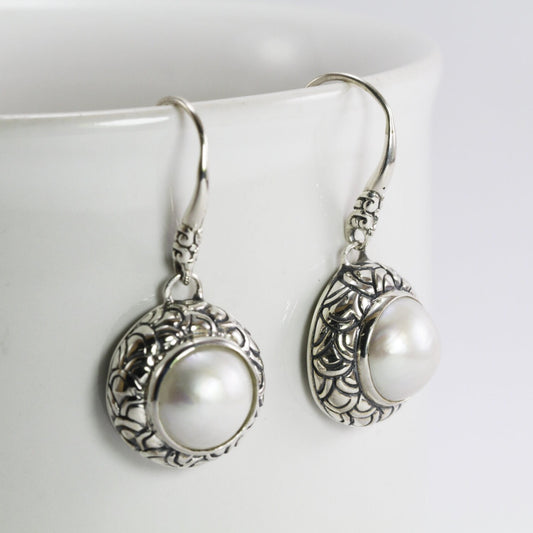 Beautiful white mabe pearl dangle drop earrings set in handmade 925 Sterling silver decorated with Dragon skin carving