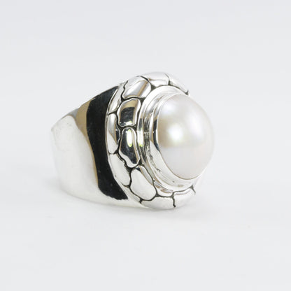wide band ring with genuine white mabe pearl set in 925 sterling silver