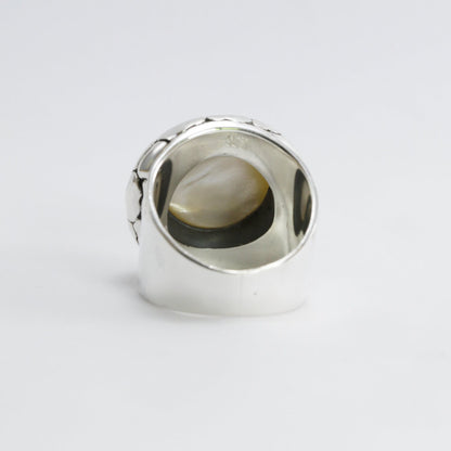 wide band ring with genuine white mabe pearl set in 925 sterling silver