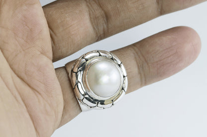 wide band ring with genuine white mabe pearl set in 925 sterling silver
