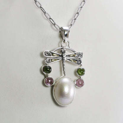 dragonfly pendant necklace 925 sterling silver, 18 k gold with genuine white mabe pearl and tourmaline