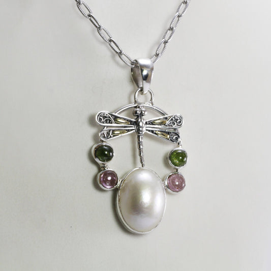 dragonfly pendant necklace 925 sterling silver, 18 k gold with genuine white mabe pearl and tourmaline