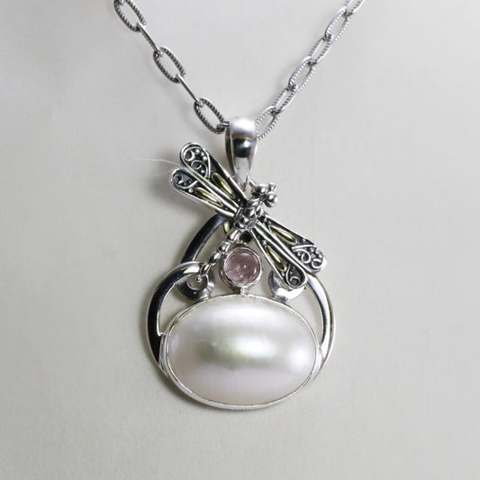 white mabe pearl pendant necklace 925 sterling silver oval shape decorated with pink tourmaline and dragonfly ornament with 18 k gold