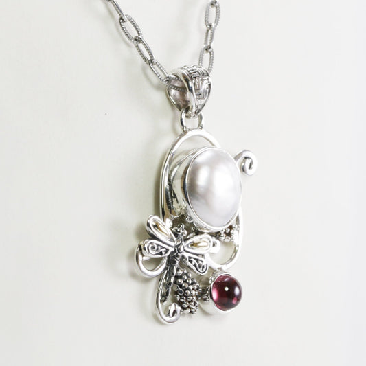 dragonfly pendant necklace 925 sterling silver with 18 k gold, pink tourmaline and white pearl baroque