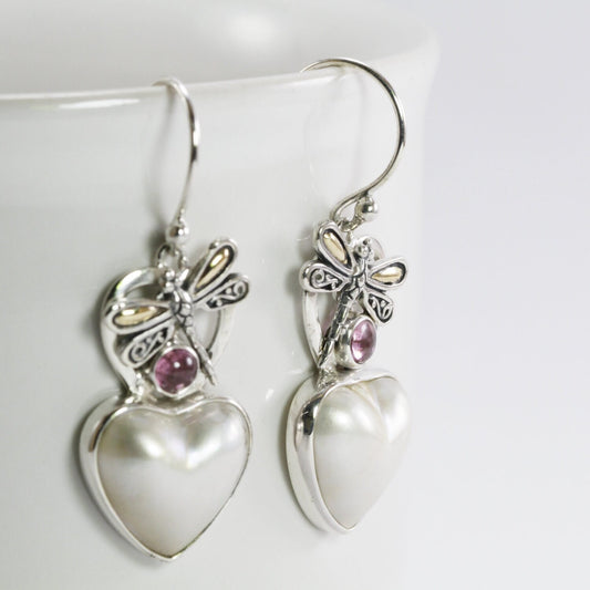 sweet dragonfly dangle earrings with 18k gold on the wings combined with genuine white mabe pearl and natural  pink tourmaline
