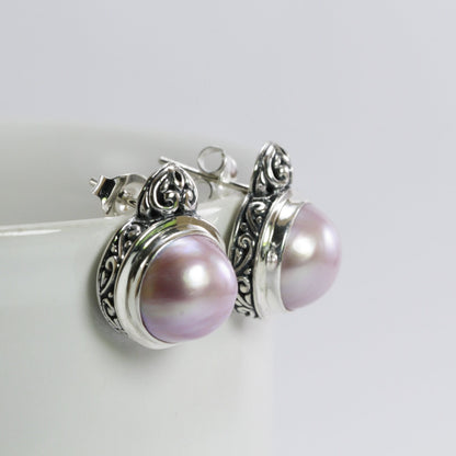Genuine Round 12mm mabe pearl stud earrings set in Bali handmade 925 sterling silver decorated with swirl filigree art,