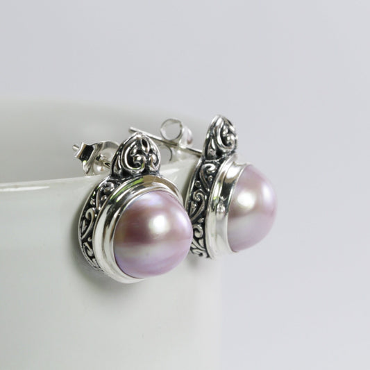 Genuine Round 12mm mabe pearl stud earrings set in Bali handmade 925 sterling silver decorated with swirl filigree art,