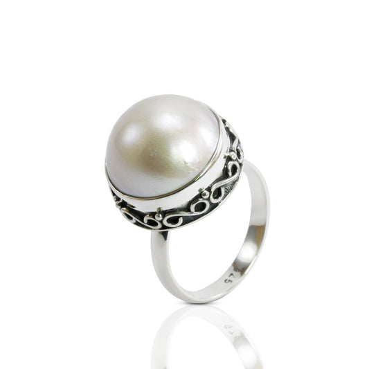 Handmade bezel set ring design 925 sterling silver with 14 mm genuine cultured white round mabe pearl decorated with swirl filigree edge,