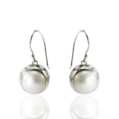 beautiful 13 mm Round white mabe pearl dangle drop earrings set in Bali handmade 925 sterling silver ocean wave pattern