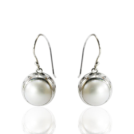beautiful 13 mm Round white mabe pearl dangle drop earrings set in Bali handmade 925 sterling silver ocean wave pattern