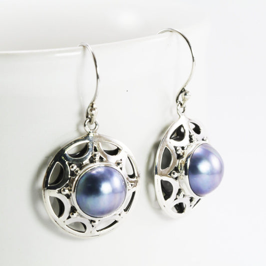 blue mabe pearl earrings 925 sterling silver decorated with shield designs
