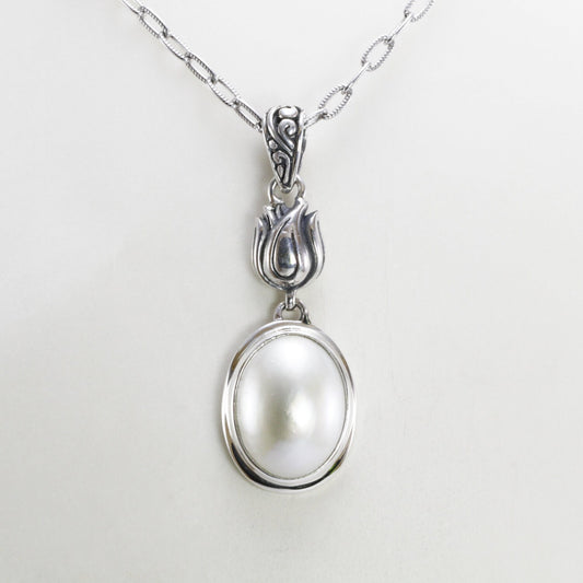 oval pearl pendant 925 sterling silver decorated with tulip flower ornament