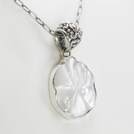 flower pendant necklace made from natural white shell set in 925 sterling silver