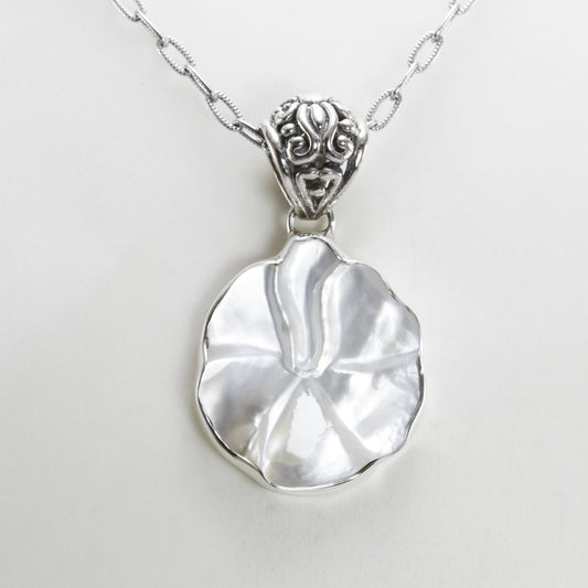 flower pendant necklace made from natural white shell set in 925 sterling silver