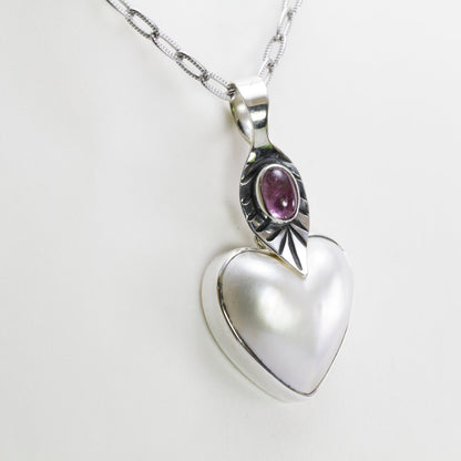 white mabe pearl pendant necklace set in 925 sterling silver with genuine pink tourmaline