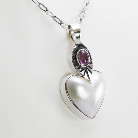 white mabe pearl pendant necklace set in 925 sterling silver with genuine pink tourmaline