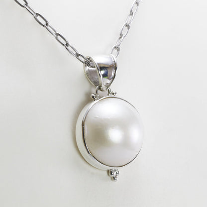 white Mabe pearl pendant 16 mm round 925 sterling silver bezel set