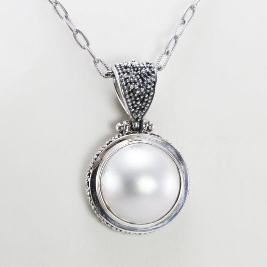 white mabe pearl pendant necklace 925 sterling silver decorated with caviar ornament