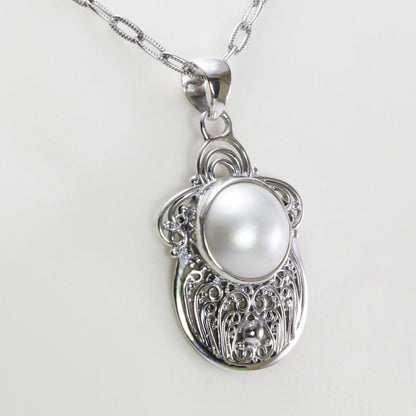 white mabe pearl pendant necklace 925 sterling silver decorated with filigree ornament