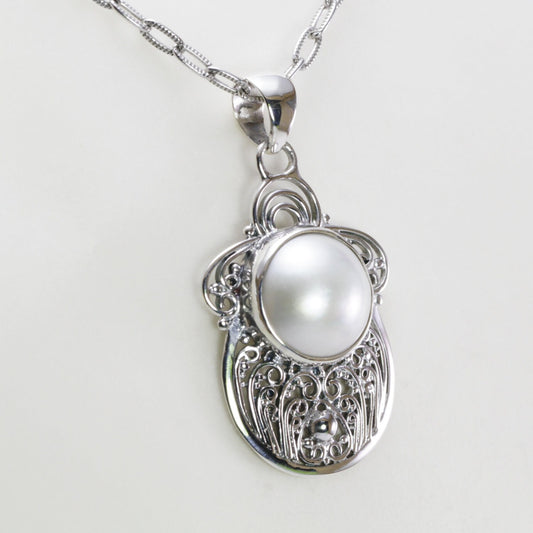 white mabe pearl pendant necklace 925 sterling silver decorated with filigree ornament