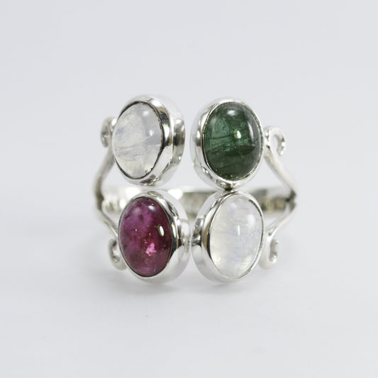 moonstone and tourmaline set in handmade 925 sterling silver adjustable ring, four stone silver ring