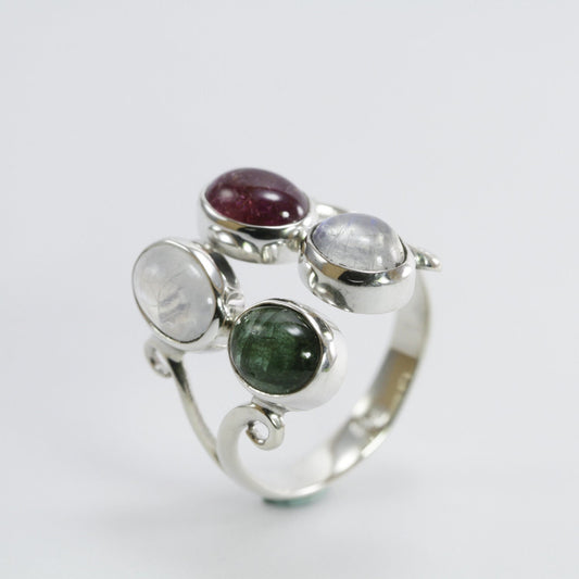 moonstone and tourmaline set in handmade 925 sterling silver adjustable ring, four stone silver ring