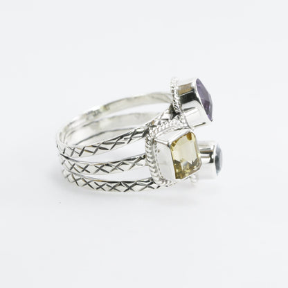 Three stones ring set in 925 sterling silver, combination of natural amethyst, citrine, and blue topaz decorated with cable rope