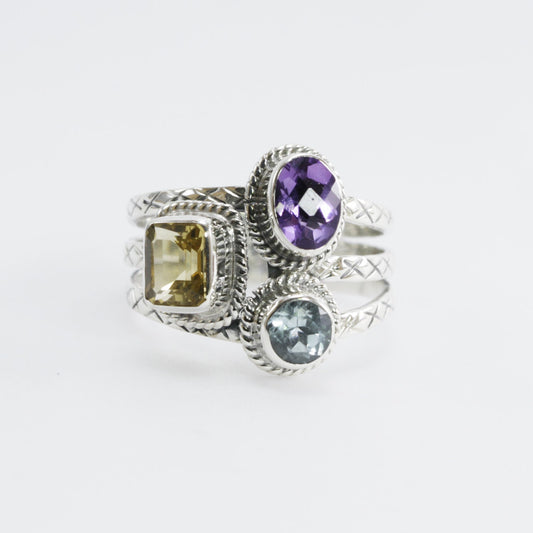 Three stones ring set in 925 sterling silver, combination of natural amethyst, citrine, and blue topaz decorated with cable rope