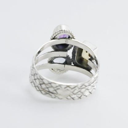 Three stones ring set in 925 sterling silver, combination of natural amethyst, citrine, and blue topaz decorated with cable rope