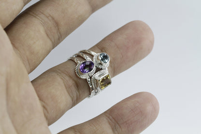 Three stones ring set in 925 sterling silver, combination of natural amethyst, citrine, and blue topaz decorated with cable rope