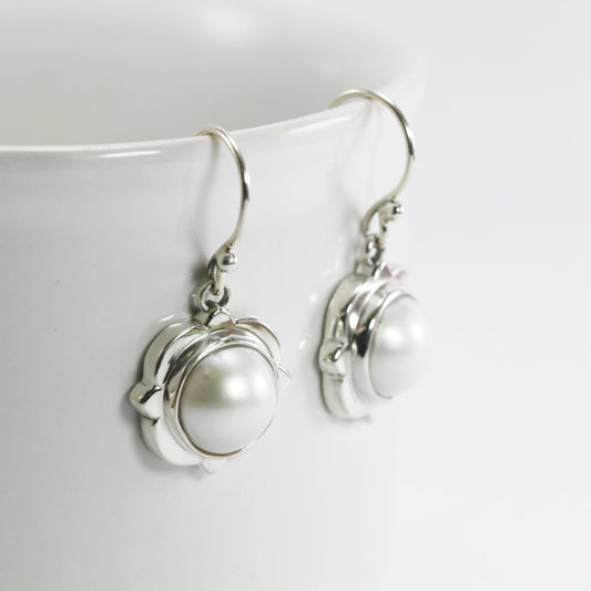 natural round 12mm white mabe pearl set in 925 sterling silver earrings with flower style, handmade earrings with white pearl