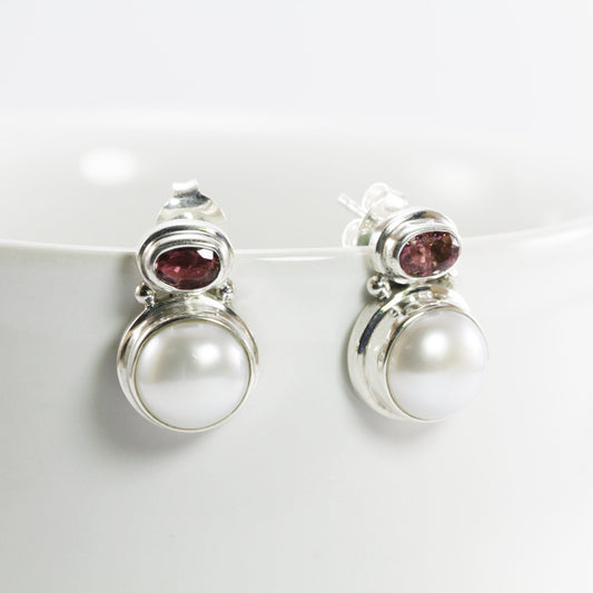 fresh water pearl earrings stud 925 sterling silver with genuine pink tourmaline