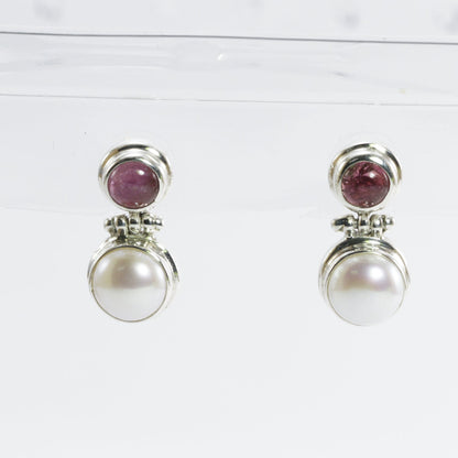 freshwater pearl earrings stud 925 sterling silver with genuine pink tourmaline