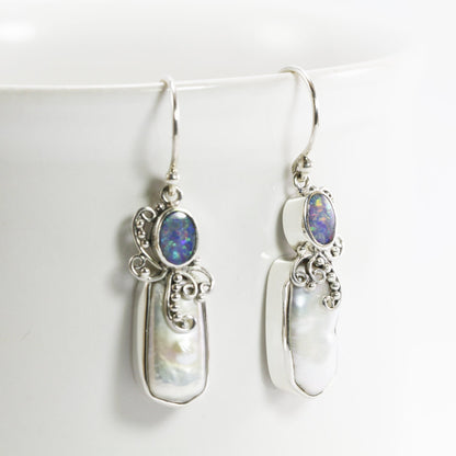 Beautiful dangle drop earrings with natural Australian fire opal and genuine baroque pearl set in handmade 925 sterling silver leaf