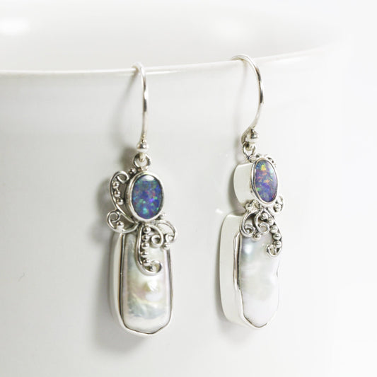 Beautiful dangle drop earrings with natural Australian fire opal and genuine baroque pearl set in handmade 925 sterling silver leaf